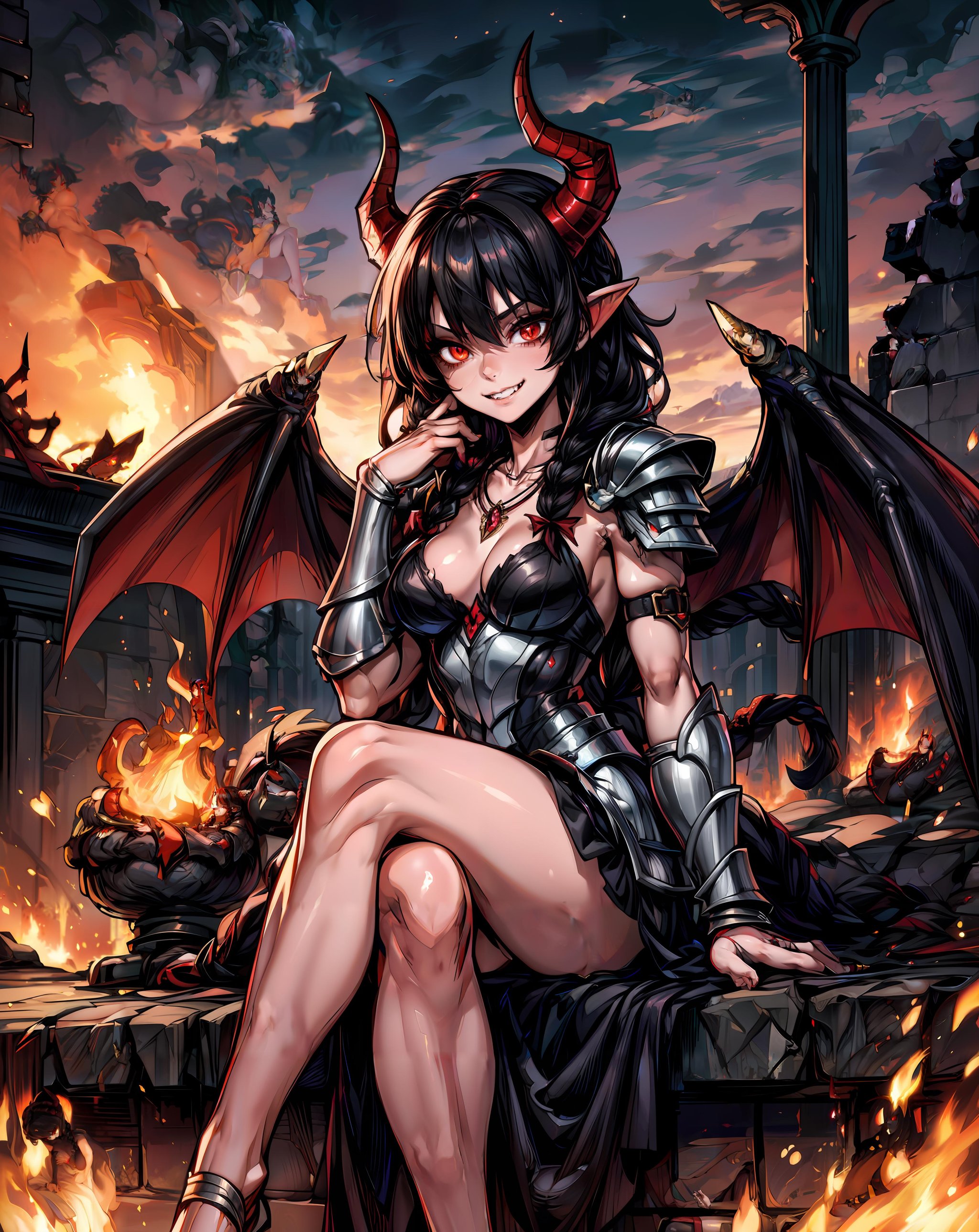 masterpiece, best quality, 1girl, black hair, necklace, red eyes, outdoors, dragon girl, dress, horns, ruins, medium breasts, long hair, braid, armor, sitting, crossed legs, wings, magic, casting spell, fire, evil grin,  <lora:add_detail:0.8>