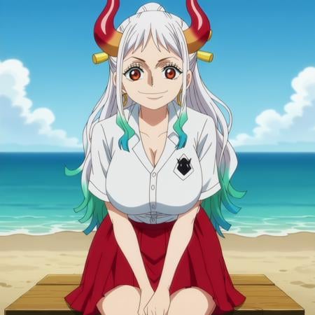 1girl, YamYam, orange_eyes, looking at viewer, long hair, white hair, aqua_hair, two-tone_hair, red horns, smile, closed mouth, white shirt, huge breasts, red skirt, sitting, beach, ocean, sky, water, anime screencap, anime, anime coloring, anime screencap, anime screencap, anime screencap <lora:Yamato:0.8>