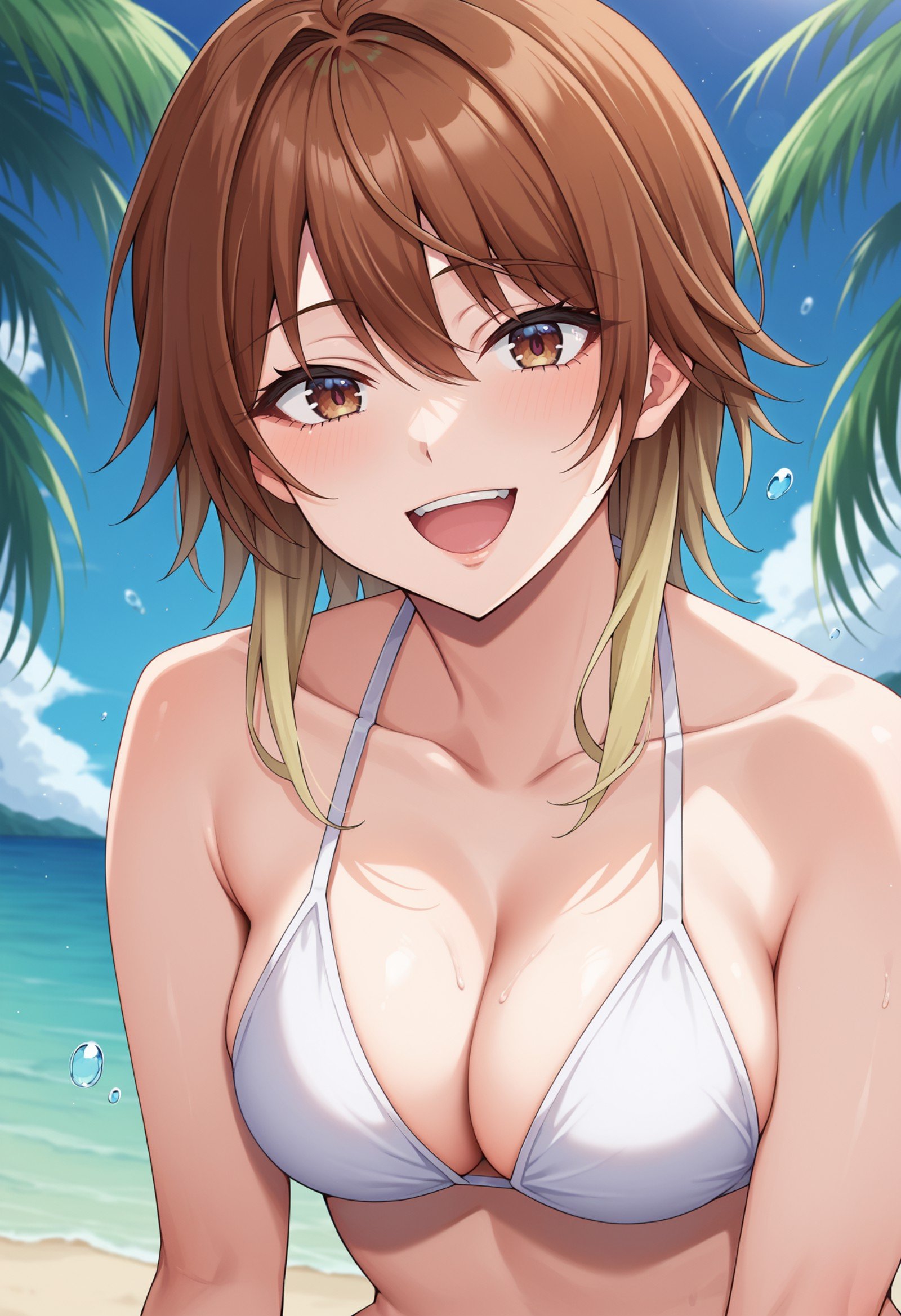 score_9, score_8_up, score_7_up, BREAK source_anime, 1girl, aketa mikoto, gradient hair, brown hair, blonde hair, multicolored eyes, white bikini, happy, close-up, beach <lora:hskc-mikoto-pony-v0.5:0.8>