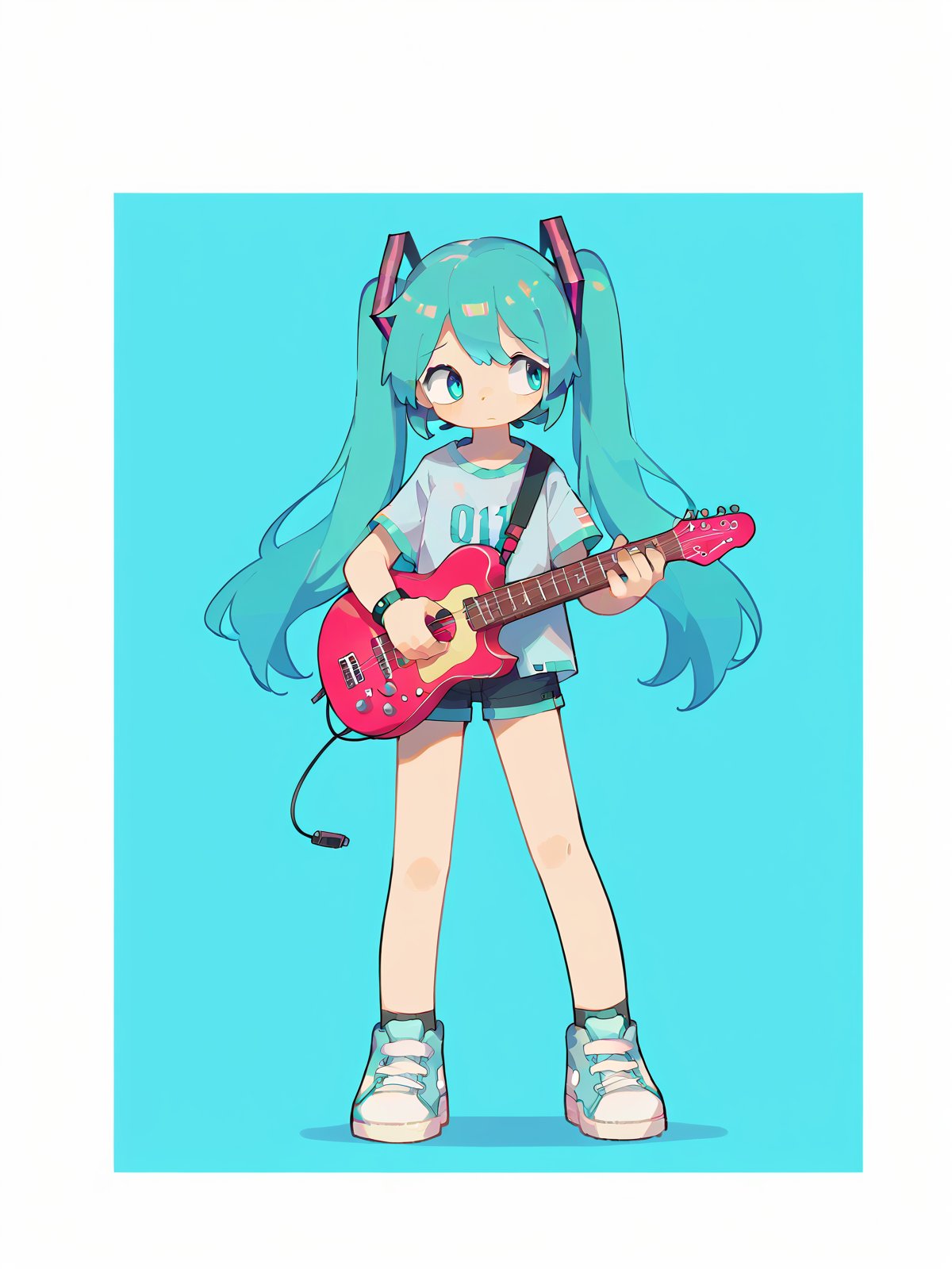 score_9, score_8_up, score_7_up, score_6_up, score_5_up, score_4_up, source_anime, rating_safe, embedding:zPDXL2, 1girl, solo, hatsune miku, short shirts, holding electrict guitar, standing, legs apart, looking away, full body, sneakers, (white border, white frame:1.3)