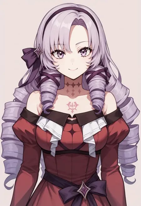 score_9, score_8_up, score_7_up, source_anime, hs1, purple eyes, bangs, parted bangs, purple hair, light purple hair, long hair, drill hair, tattoo, chest tattoo, ribbon, hair ribbon, purple ribbon, hairband, bare shoulders, dress, red dress, long sleeves, juliet sleeves, smile, happy, closed mouth, large breasts, looking at viewer, simple background, pink background<lora:HyakumantenbaraSalomeXL-15:1>