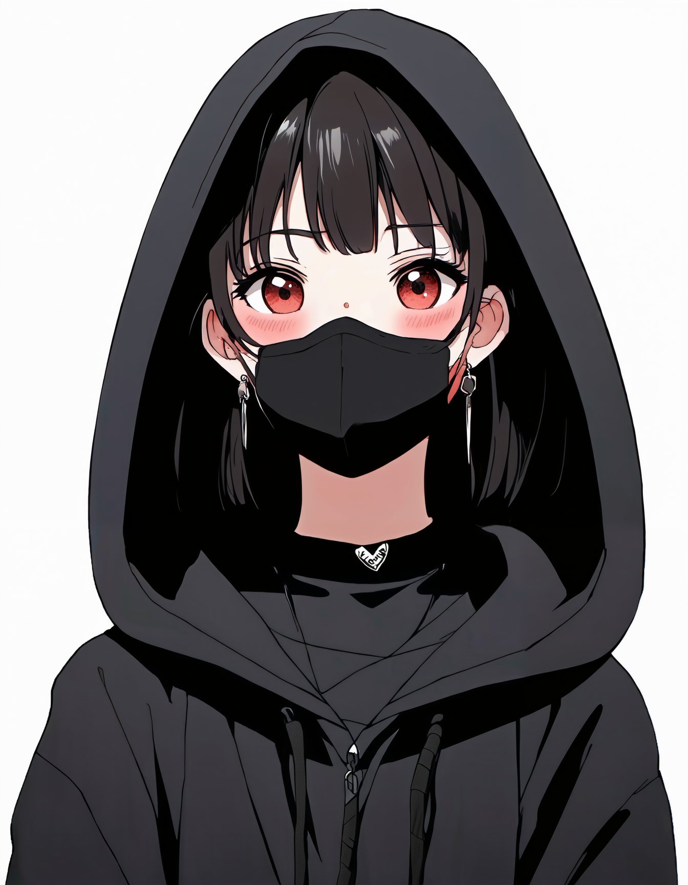 anime style, anime girl, looking at viewer,bangs,black hair,red eyes,long sleeves,jewelry,jacket,upper body,earrings,choker,hood,medium hair,black jacket,hoodie,mask,blurry background,black choker,hood up,mouth mask,drawstring,black hoodie,black mask