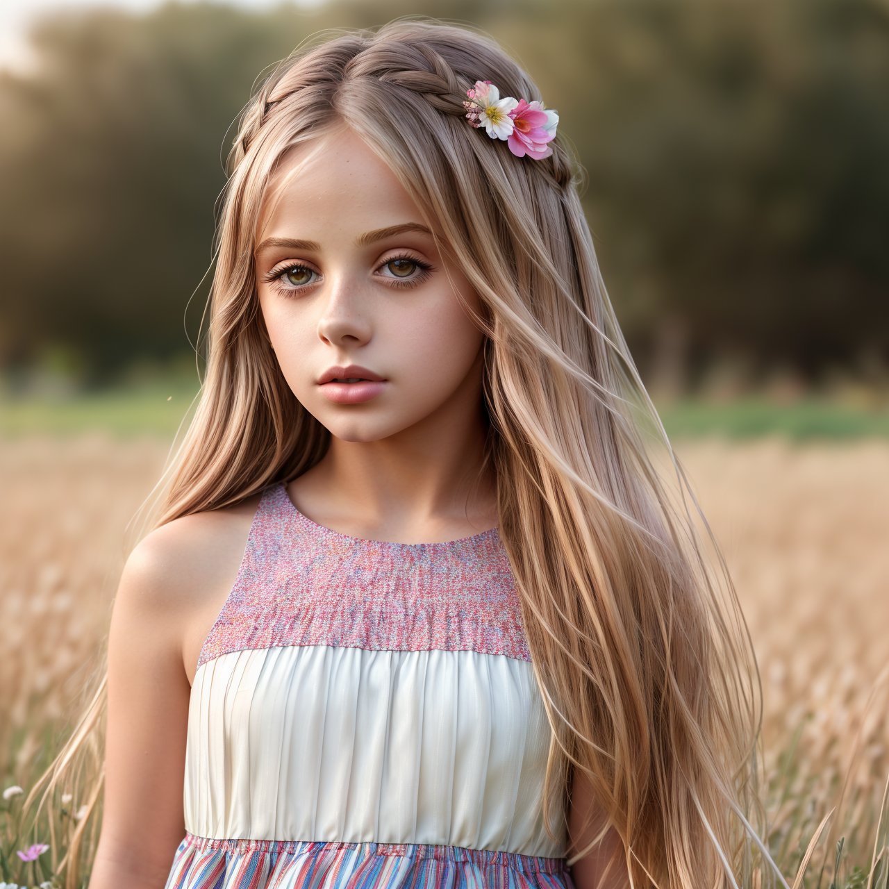 (masterpiece:1.3), wallpaper, looking at viewer, close up of beautiful (AIDA_LoRA_InW2017:1.05) <lora:AIDA_LoRA_InW2017:0.83> in a dress in the field, outdoors, little girl, pretty face, intimate, dramatic, composition, studio photo, getty images, (colorful:1.1)