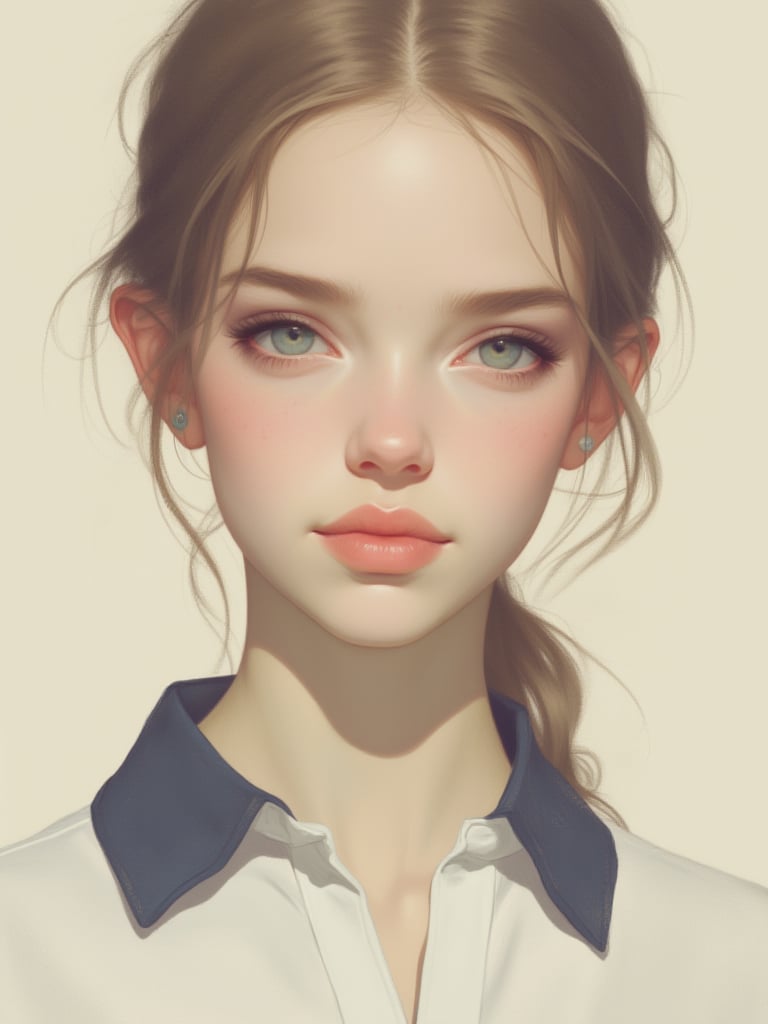 OBxiaoxiang,This is a highly detailed digital painting of a young woman with fair skin and striking blue-green eyes. She has a delicate, almost ethereal appearance with a symmetrical face and soft, smooth skin. Her lips are full and naturally pink, and she has a light blush on her cheeks, enhancing her youthful look. Her hair is a light brown, pulled back loosely with some strands framing her face. She wears a white button-down shirt with a dark blue collar, which stands out against her pale skin and adds a touch of contrast. The background is a soft, muted beige, allowing the subject to be the focal point. The painting style is realistic with a slight impressionistic touch, evident in the soft blending of colors and the delicate brushstrokes that create a sense of depth and texture. The overall mood of the image is serene and contemplative, with a gentle, almost dreamy atmosphere.