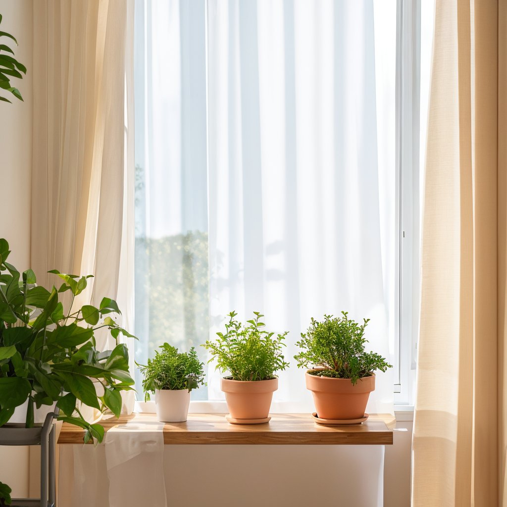 Inside, white walls, French window,1 potted plant, white curtains, morning sunRAW color photo, professional photo, masterpiece, best quality, lifelike