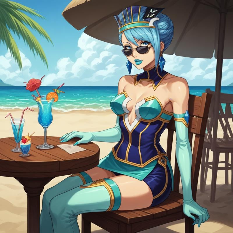 score_9, score_8_up, score_7_up, score_6_up, score_5_up, score_4_up BREAK, source_anime, bluerose, sitting, chair, beach drinking straw, cocktail,  1girl, solo, crystal earrings, blue hair, jewelry, elbow gloves, lipstick, blue eyes, makeup, thigh boots, high heels, short hair, medium breasts, hat, bare shoulders, sunglasses, sea, sand, palm tree, table <lora:bluerose-000005:1> 