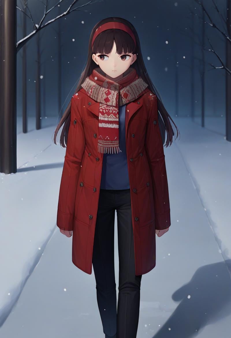 score_9, score_8_up, score_7_up, source_anime, solo, 1girl, yukikodef, expressionless, looking away, walking, red hairband, winter clothes, coat, black pants, scarf, snowing, outdoors <lora:persona4_amagi_ponyXL-000007:1>