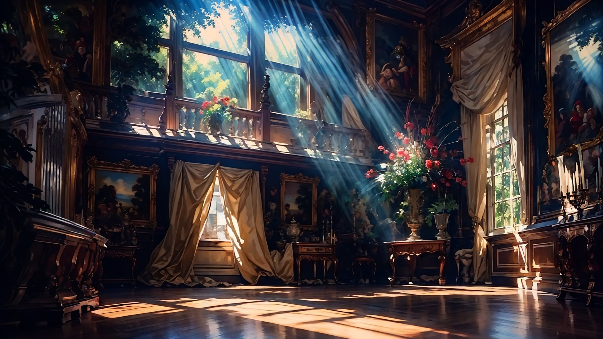 (wide shot, wide-angle lens,Panoramic:1.2),super vista, super wide Angle，Low Angle shooting, super wide lens,Rococo style，solo, bare shoulders，strapless dress，sunbeam，sunlight，medium breasts,curtains，tree，light rays，reflection，long hair，stairs，<lora:绪儿-洛可可油画风 Rococo style:1>