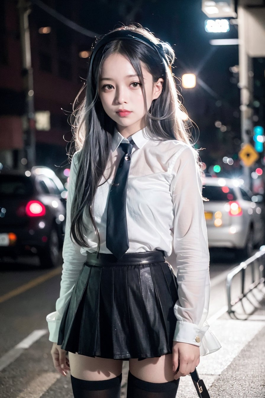 (8k, RAW photo, best quality, masterpiece:1.4), ultra high res, (realistic, photo-realistic:1.48), alice_halo, 1girl,(Kpop idol), (original_alice:1), cute, (super bokeh night city center:1.25), bokeh, night, traffic lights, road sign, rain, wet, professional lighting, detailed lighting, photon mapping, radiosity, physically-based rendering, <lora:korean:0.5>, black pantyhosebloom, backlighting, depth of field, (shiny skin:1.2), natural lighting, hard focus, perfect lighting, film grain, one meter shooting distance, professional photoshoot, photographed with a Sony a9 II Mirrorless Camera, detailed eyes, realistic eyes, detailed shadow, looking at viewer, dog ears, detailed lighting, skirt, black skirt, thighhighs, black thighhighs, (detailed hair, realistic hair, realistic lighting, realistic shadow, realistic outfit), realistic skin, gun on waist, soft reflection of light from above 