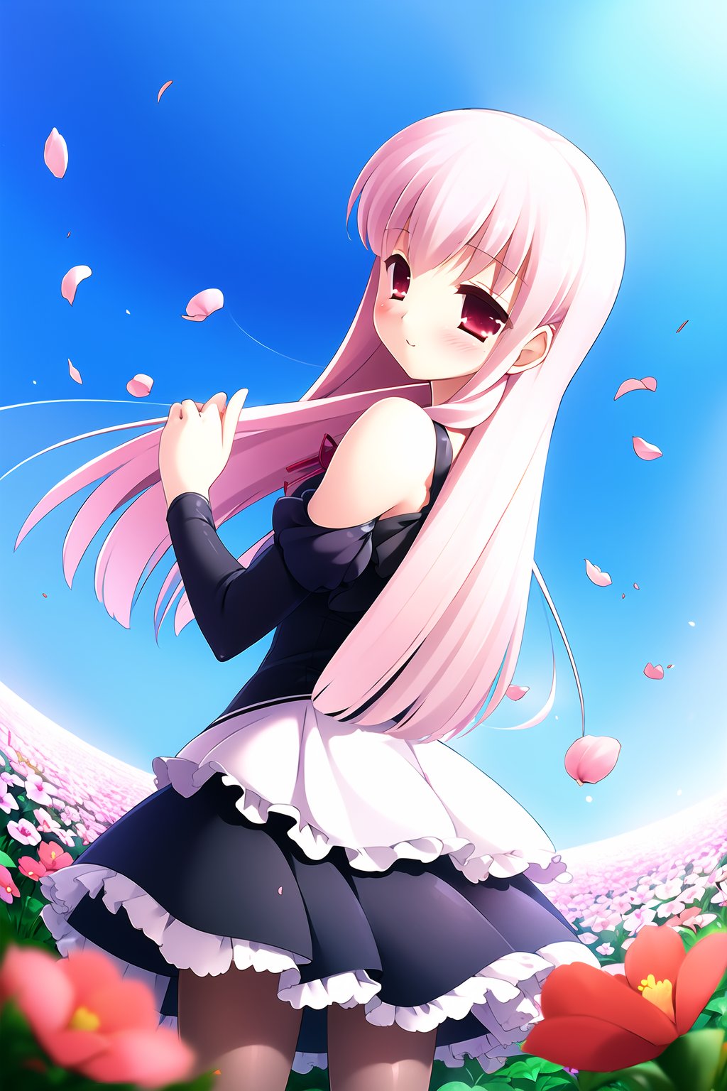 ((masterpiece, high quality, best quality)),1girl, solo, flower, long hair, red eyes, pink hair, petals, ribbon, pantyhose, sky, blush, field, dress, flower field, day, looking back, frills, fisheye,<lora:gayaro-style_v2.0:1.0>