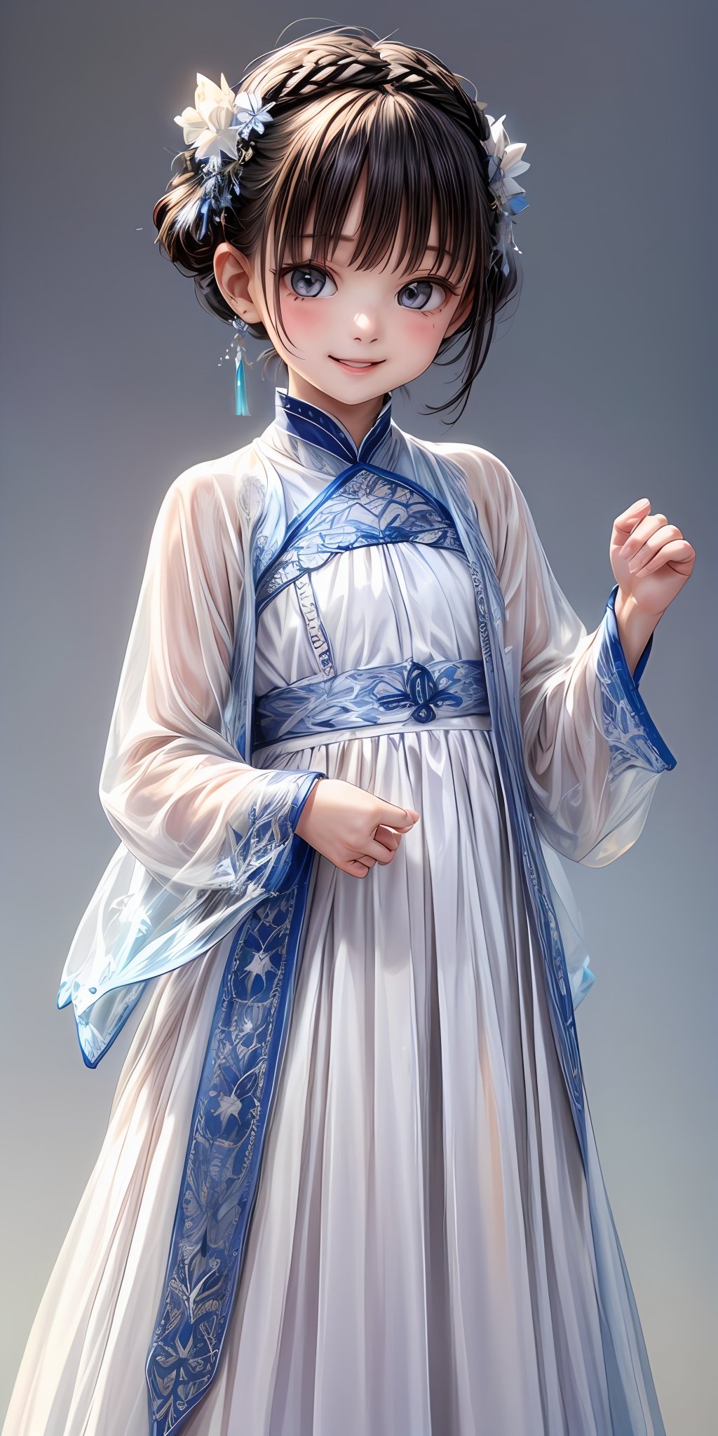 (masterpiece,ultra-detailed,best quality,8K,CG,illustration,shaved:1.0),(petite girl:1.0) <lora:more_details:1>, smile,simple background, <lora:china dress v1.0:0.6> jyojifuku, hair ornament,see-through,white clothes