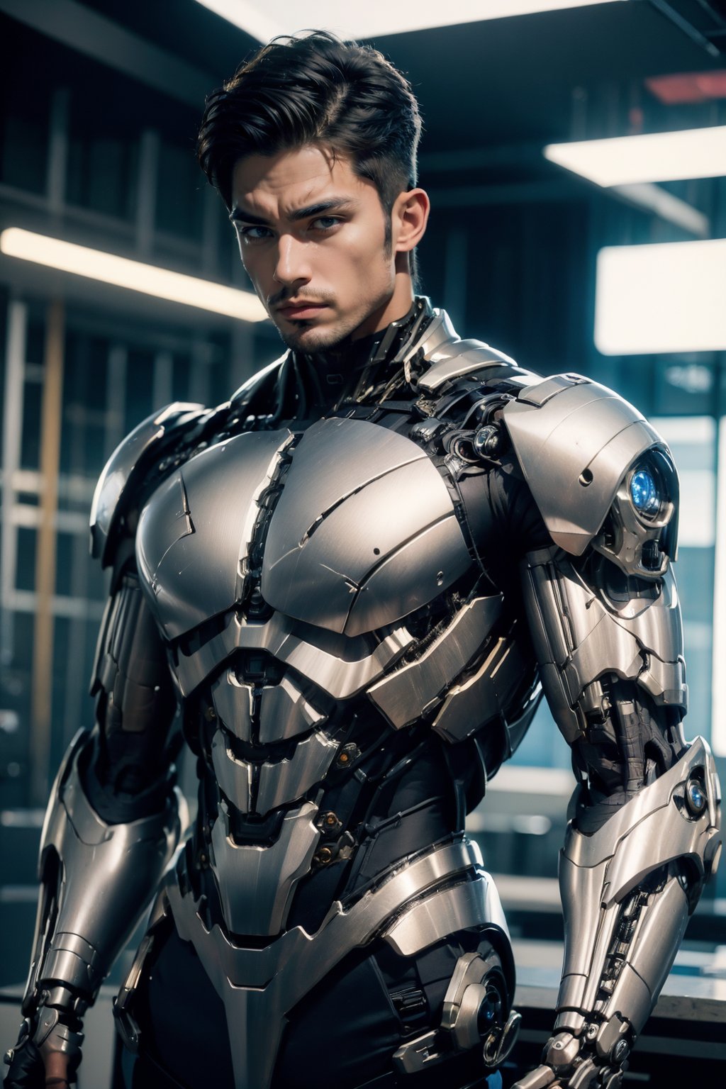 <lora:AgainRealistic_v2.0:0.8>,AgainRealistic_v2.0, male focus, 1boy, solo, black hair, short hair, looking at viewer, mechanical arms, muscular, indoors, muscular male, bodysuit, pectorals, cyborg, closed mouth, blurry, single mechanical arm, realistic, science fiction, cyberpunk, 