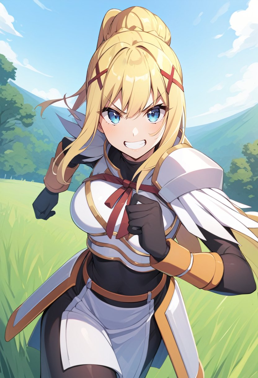 solo, 1girl, ksdarkness, grin, looking at viewer, running, ponytail, x hair ornament, v-shaped eyebrows, armor, shoulder armor, bodysuit, black gloves, outdoors, landscape scenery <lora:konosuba_darkness_xl-000005:1>