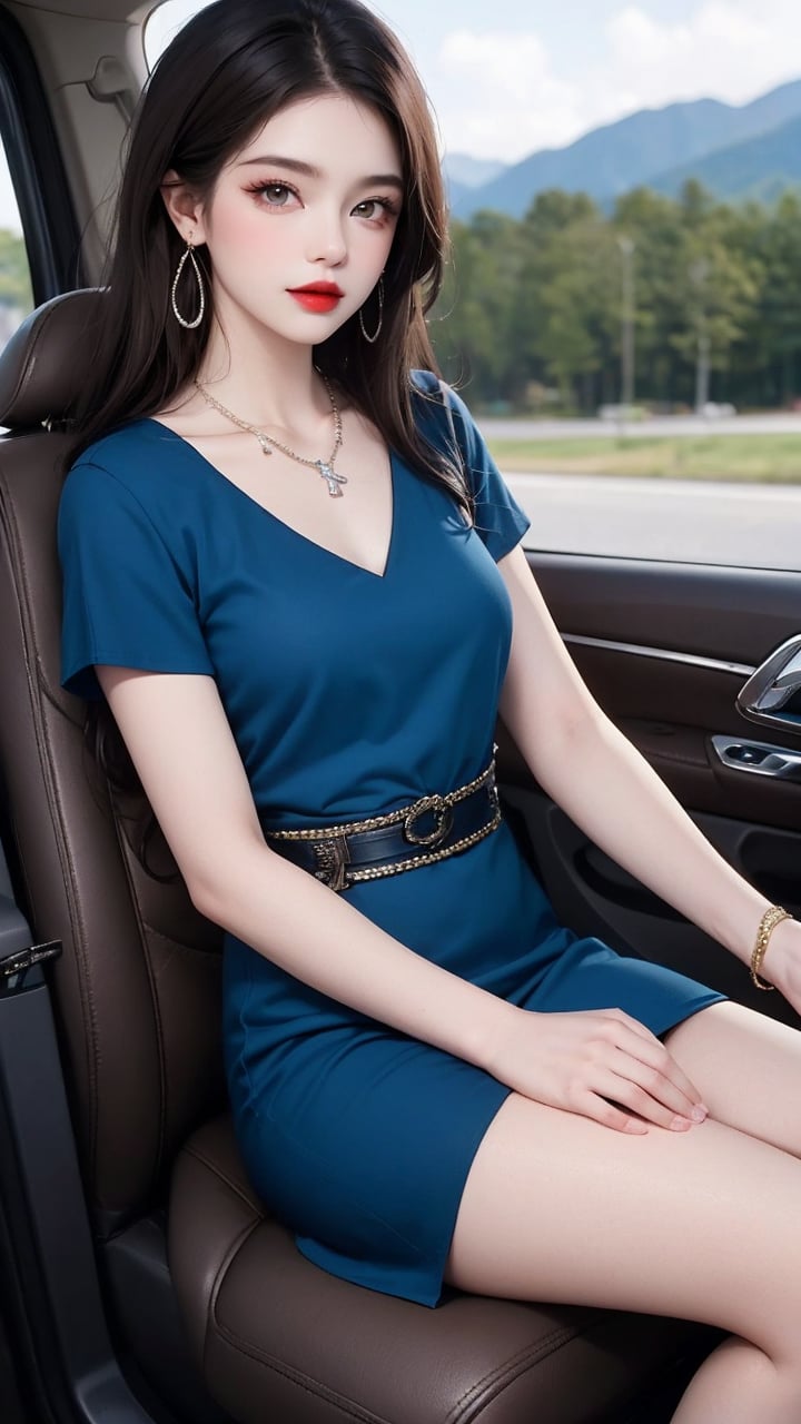 1girl,jewelry,solo,long hair,necklace,belt,motor vehicle,sitting,dress,looking at viewer,ground vehicle,red lips,black hair,blue dress,car,lipstick,outdoors,short sleeves,brown eyes,parted lips,makeup,mountain,earrings,lips,brown hair,blurry,