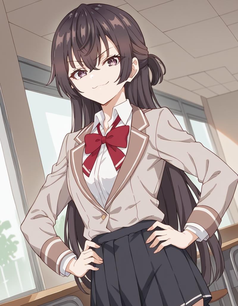 score_9, score_8_up, score_7_up, source_anime, <lora:yuki-suou-alpha-ponyxl-lora-nochekaiser:1>, yuki suou, long hair, bangs, brown hair, black hair, hair between eyes, purple eyes, half updo,, shirt, bow, school uniform, jacket, white shirt, collared shirt, bowtie, red bow, blazer, red bowtie, black skirt, pleated skirt,, indoors, smug, smile, looking at viewer, solo, hands on hips,, cowboy shot, dutch angle