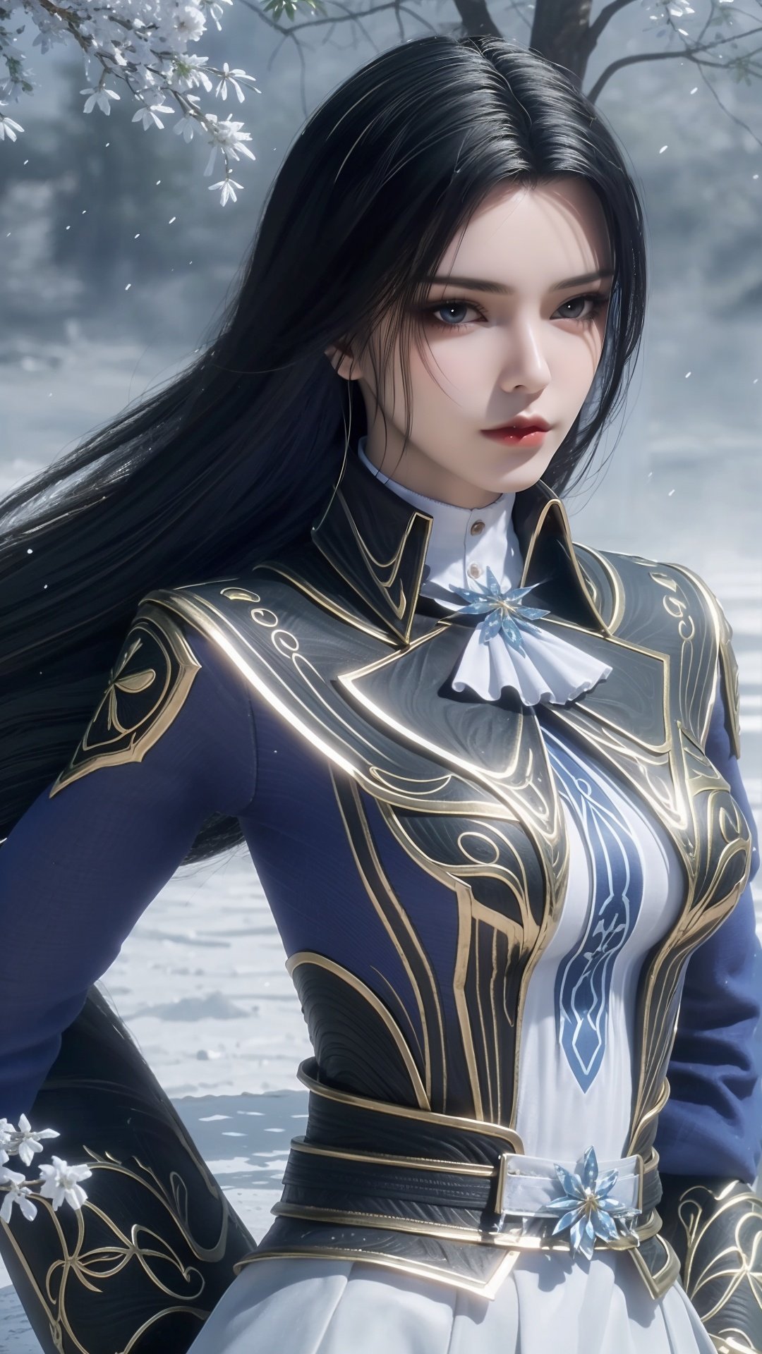 <lora:LLC_20240404231921-000009:0.75>,LLC,1girl,long hair,black hair,solo,blue eyes,closed mouth,portrait,red lips,looking at viewer,1girl,long hair,black hair,solo,snow,thighhighs,water,tree,dress,outdoors,sky,blue eyes,winter,white thighhighs,branch,white skirt,looking at viewer,blue sky,bare tree,white dress,skirt,long sleeves,jacket,wading,ascot,parted lips,<lora:SLS_20240322204641:0.5>,SLS,pond,willow,rock,Large breast,Giant breasts,sexy,seduce,sunlight,light rays,cinematic lighting,glowing point,<lora:HDR:0.5>,<lora:MHB:0.3>,