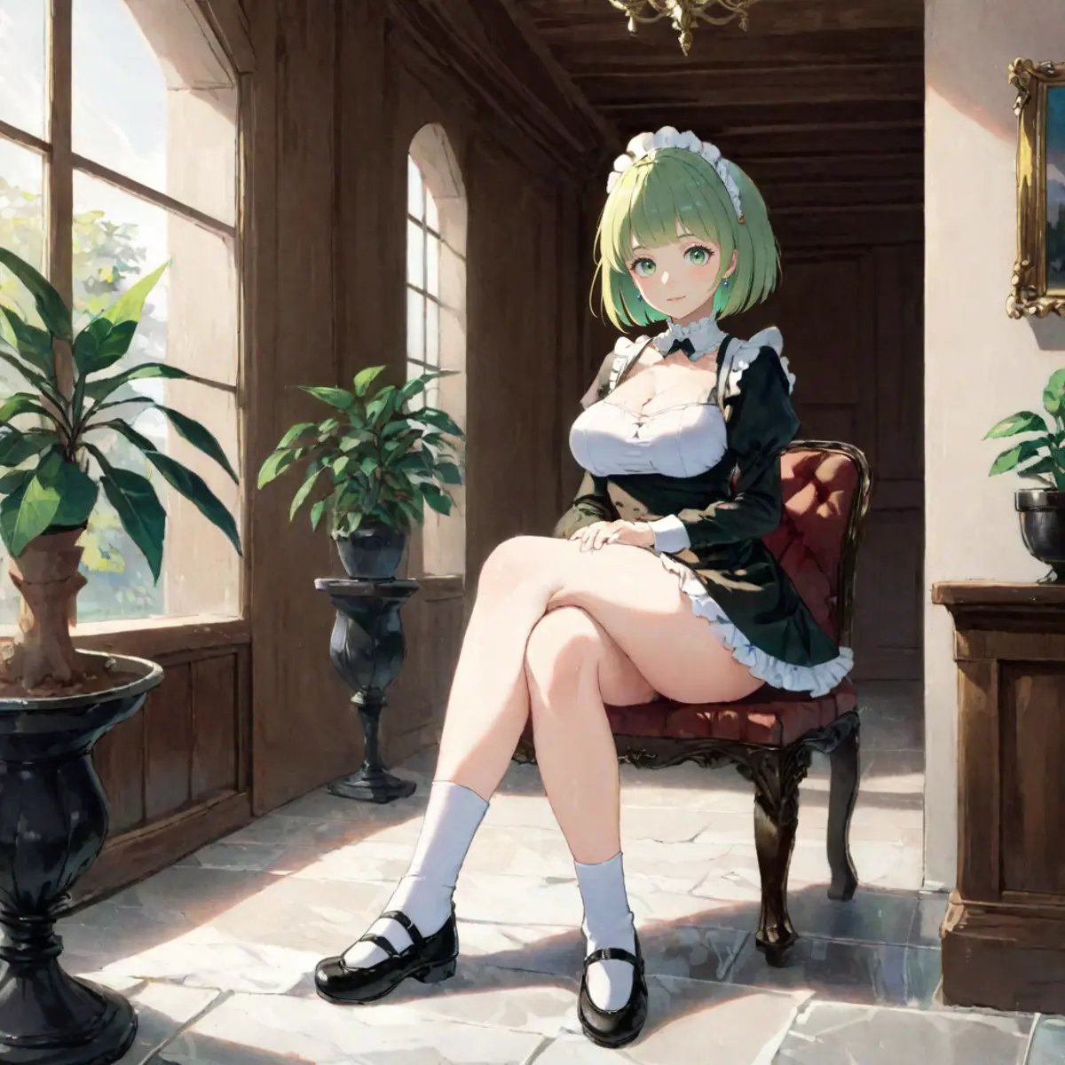 (raytracing, HDR, Victorian:1.4)BREAK maid outfit, short skirt with lace hemline, Mary Janes, ruffled socks, marble floor, potted plants, chandeliers, window, door, gold furnitureBREAK light green hair, green eyes, bob cut with blunt bangsBREAK (from side, crossed legs, full body:1.2) <lora:STFD_V2:1>