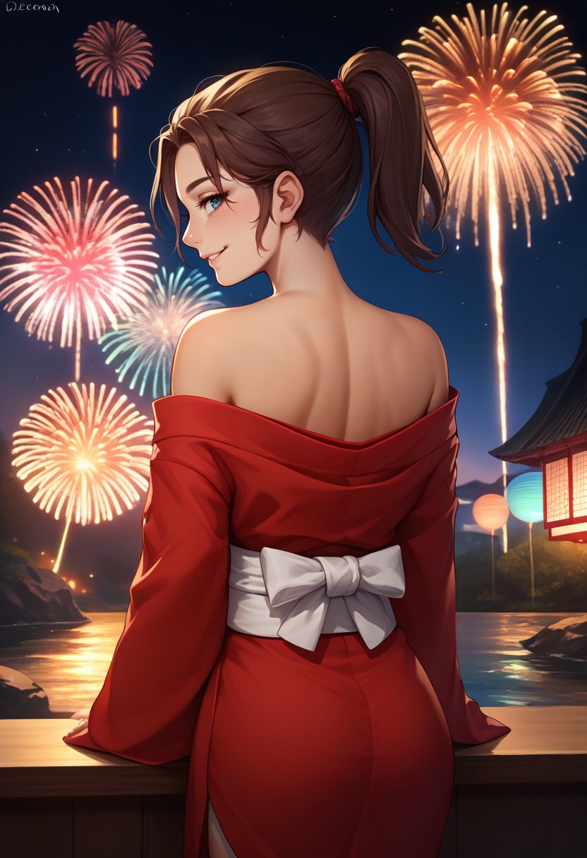 score_9, score_8_up, score_7_up, source_anime, from behind, solo, 1girl, l4dzoey, smile, looking back, ponytail, red kimono, off shoulder, white sash, bare shoulders, fireworks <lora:l4d_zoey_ponyXL:1>