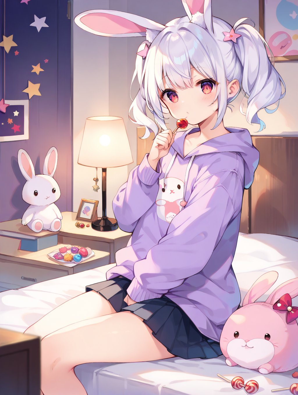 score_9, score_8_up, score_7_up,1girl, rabbit ears, white hair, sweatshirt, pleated skirt, candy, rabbit plush, on bed, messy room, cute & girly,stars decorated lamp, twin tails short hair