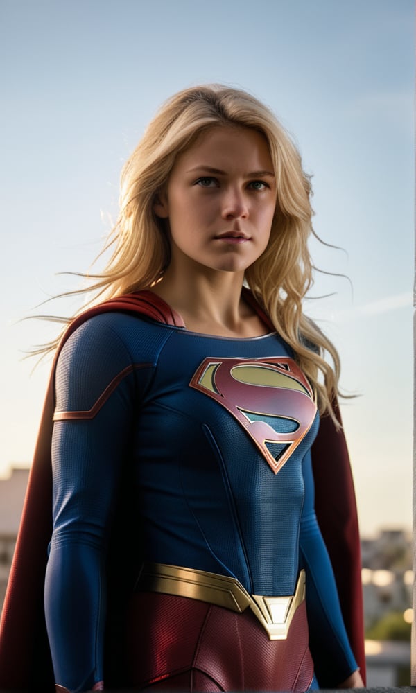 (Raw, Analog portrait photo of Kara Zor El),  sci-fi superhero style, detailed face, teen, messy hair, (light blonde hair:1.2), heroic, ultra realist colors, very intricate details, focus, full frame image, award winning, highly detail eyes, hd, 16k, natural illumination, real hair movement, (best quality:1.4), (Supergirl, wearing Supergirl-suit, cape), outdoor, realistic, (pixar:-1) (painting:-1) (render:-1) sharp focus, hdr, sunset, god rays, backlight, professional photo shot with Hasselblad 501c