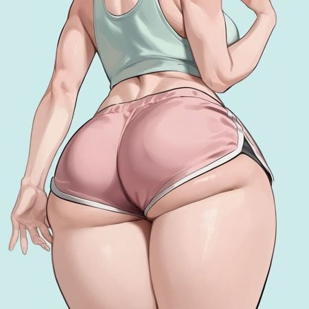 score_9, score_8_up, score_7_up, score_6_up, score_5_up, score_4_up, source_anime, rating_safe, \(Original Character\), Athletic body, tank top, shorts, back view, plain background, big ass, big thighs, pastel colors, by makoto shinkai,