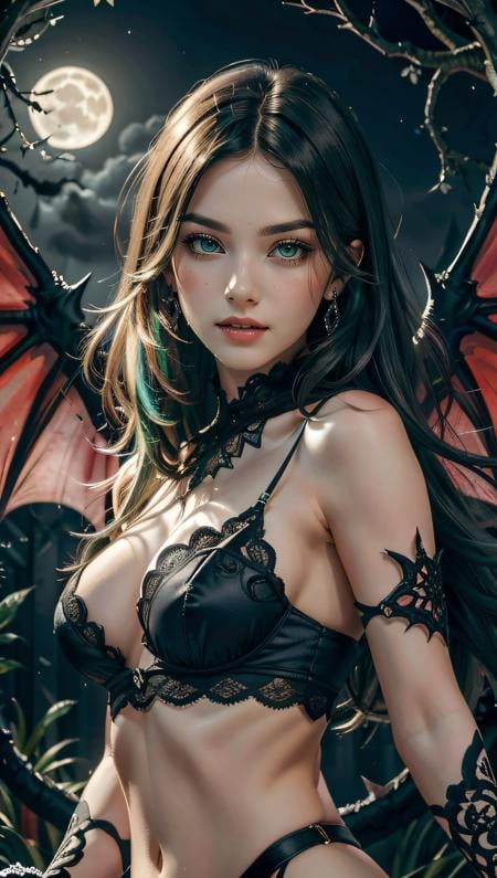 (best quality, masterpiece, colorful, dynamic angle, highest detailed)upper body photo, fashion photography of cute succubus girl, gothic, large demon red wings (high resolution textures), long green hair, (abstract art), half demon, crimson cat iris, cat eyes, vampire very long fangs, (intricate details, hyperdetailed:1.15), detailed, moonlight passing through hair, (official art, extreme detailed, highest detailed), HDR+