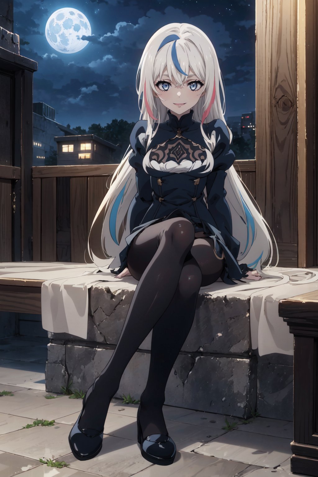 1 girl, 17 years old, solo, very long hair, two-tone hair, striped hair, dark grey eyes, various hair colours, smiling, outdoors, full body, parody, medium bust, cute expressions please, anime colouring, Y2K casual clothes, relaxing in a stylish room, cute poses please, night background, moon, stars,One girl with various hair colors and tw,nier anime style<lora:EMS-587-EMS:0.800000>, <lora:EMS-1093-EMS:0.300000>, <lora:EMS-333936-EMS:0.800000>