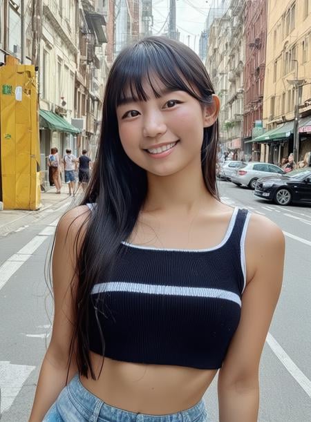 score_9,score_8_up,score_7_up,1girl,eunjiPNY ,black hair,bangs,black eyes,long hair,mole,looking at viewer,,wearing a crop top, outdoors,city streets,closeup upper body,realistic subtle smile  <lora:eunjiPNY:1>