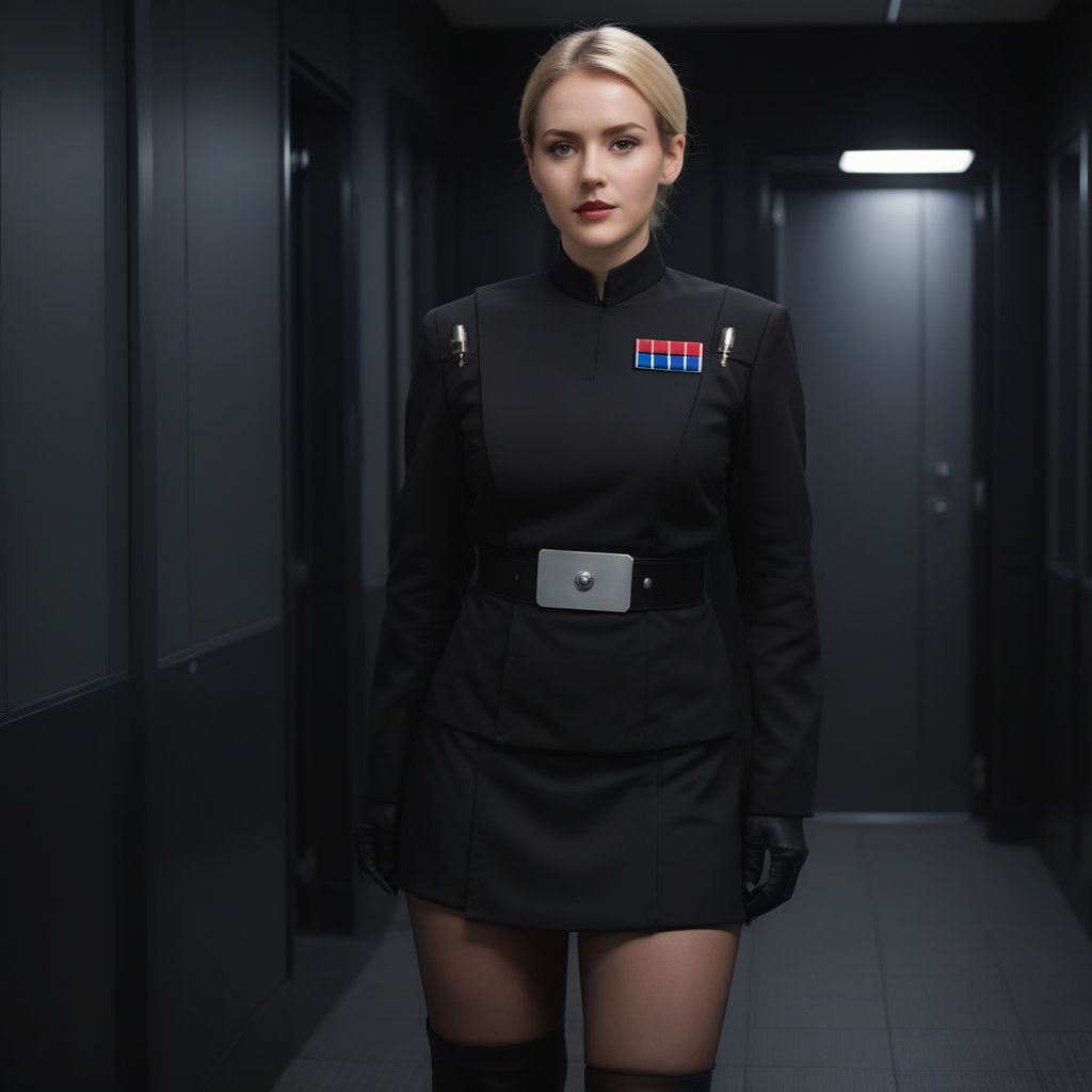 a fullbody  photograph of a beautiful female imperail officer wearing a black uniform with a skirt, standing in a dark interior <lora:Imperial_Officer:0.7>