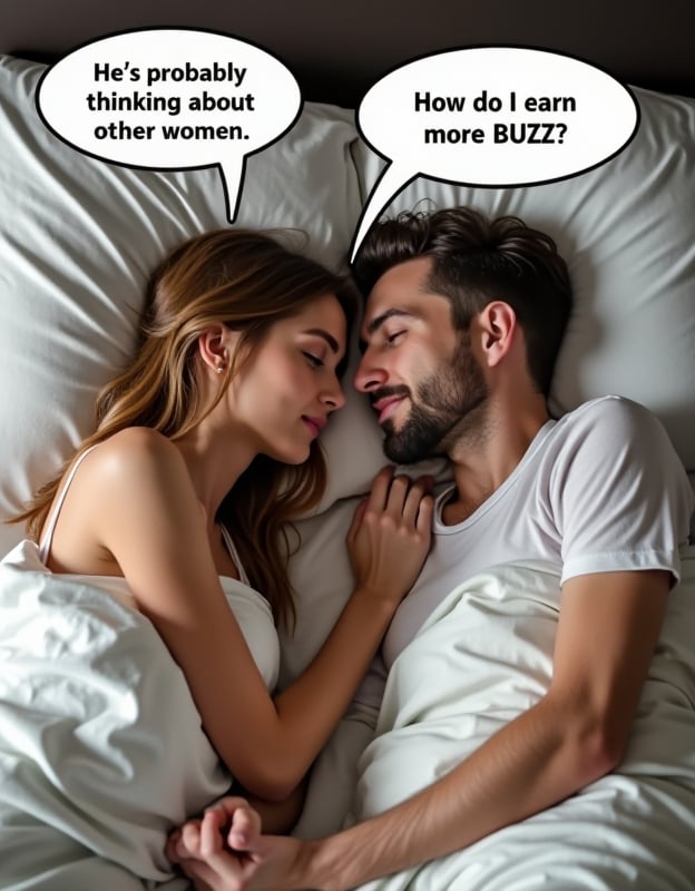 couple, woman and man lying in bed under blankets turned away from each other, seen from above, wearing pajamas , woman turning towards man, speech buble above her head with text "He's probably thinking about other women.", open eyes , speech buble above man's head with text "How do I earn more BUZZ?"