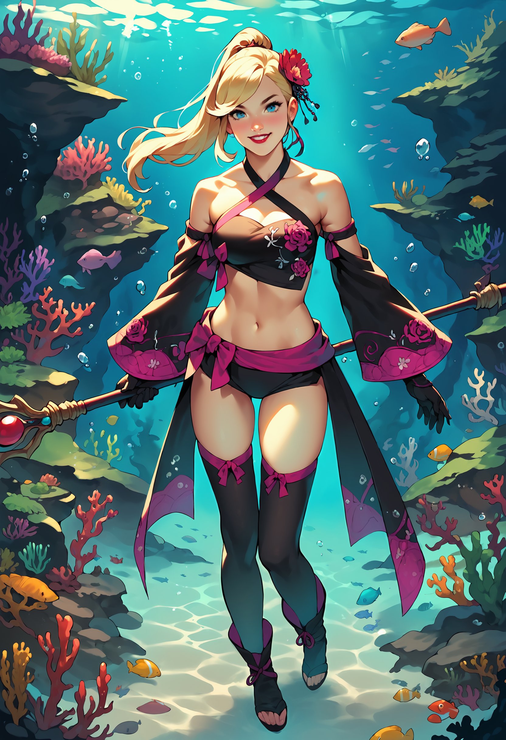 zPDXL,score_9, score_8_up, score_7_up, 1girl, realistic, monastery, underwater, coral reef, full body, blonde hair, blue eyes, ponytail, sidelocks, long hair, swept bangs, <lora:Shisui_Caster_FFXIV:.75> shisuicaster, detached sleeves, criss-cross halter, boots, bandeau, black thighhighs, gloves, hair flower , navel,  bare shoulders, midriff,  red lipstick, looking at viewer, smile, holding staff