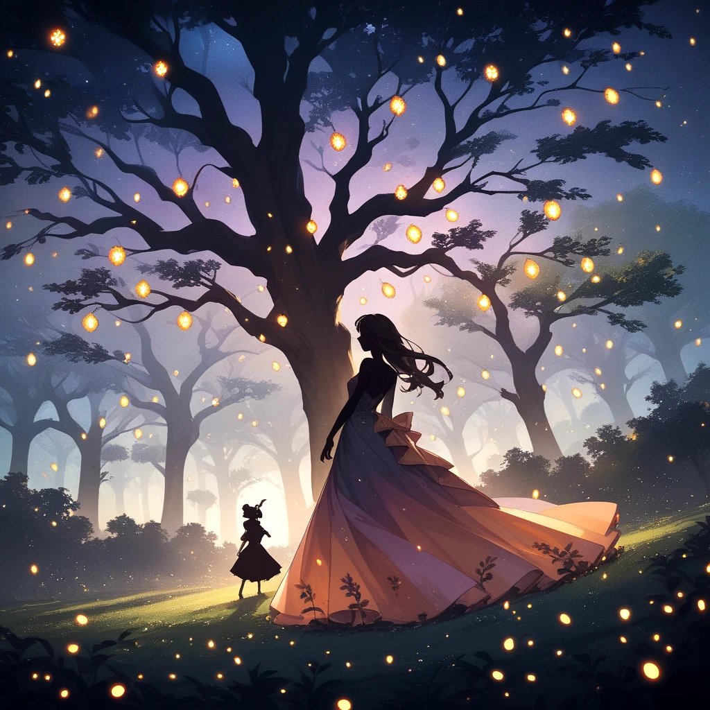 score_9, score_8_up, score_7_up, score_6_up, score_5_up, score_4_up, extremely detailed, ((beautiful silhouette of a female in a dress)), (epic oak tree, heavy backdrop lights), (whimsical colorful dustclouds background, dust particles, lots of detail), sharp focus,