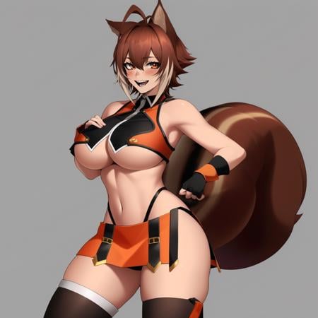 (masterpiece, best quality:1.3), Hz_666V, 1girl, solo, looking at viewer, blushing, wide hips, mature female, open mouth, grin, large breasts, full body, cowboy shot, thick thighs,  <lora:Hz_666V Style Lora:.85>, makoto_nanaya, animal ears, squirrel girl, squirrel ears, short hair, squirrel tail, tail, antenna hair, crop top, underboob, gloves, navel, midriff, skirt, fingerless gloves, revealing clothes, orange skirt, bare shoulders, black thighhighs, <lora:makoto_nanaya:.8>