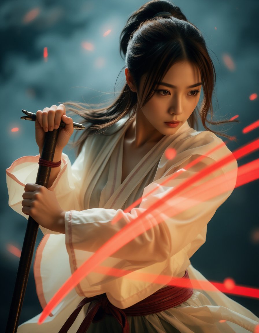 Atmospheric lighting, volumetric lighting, CloseUp, Upper Body Shot, FredFraiStyle inspired buxom Female ninja with wooden staff Standing Battle ready with a Natural powerful weapon, Cleavage, vibrant pastel colored in Grey, White and DARK yellow, Highly detailed analog photo close-up action scene of a woman in billowing transparent hanfu. The focus is on her chest, showcasing the reddish blur of light that trails with the swift motion of the weapon, capturing the dynamic speed of the fighter. Pressure Wave, floating particles, very detailed physic, The scene is set in a misty, fog-filled night with a desaturated color palette. The background is hazy, while motion streaks and dynamic lighting enhance the sense of speed and intensity, with the knight’s glow piercing through the mist.  <lora:hinaFluxAsianMixLora-schnell_v2:0.9>