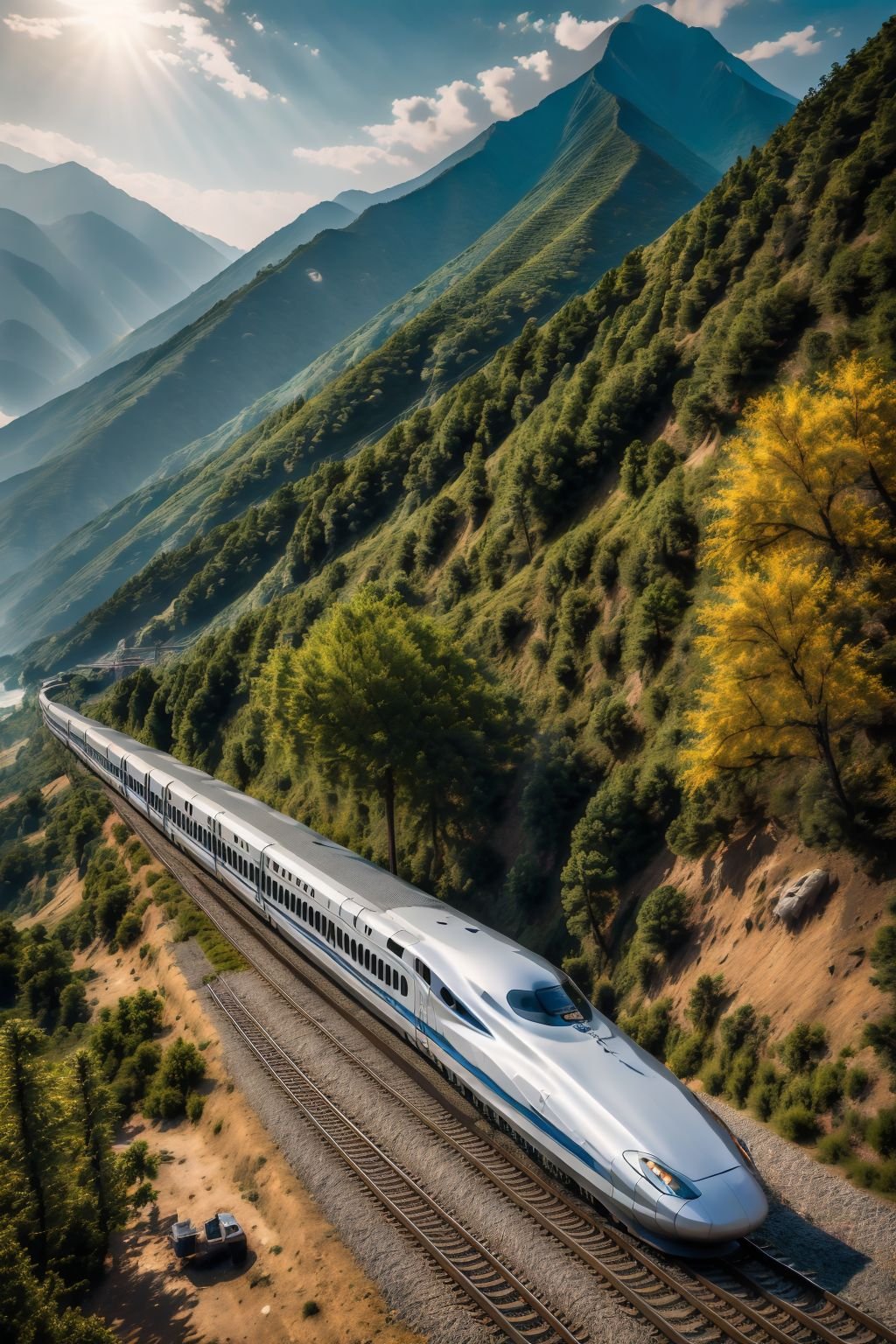 ultra realistic 8k cg,picture-perfect face,flawless,clean,masterpiece,professional artwork,famous artwork,cinematic lighting,cinematic bloom,highspeed rail,outdoors,sky,cloud,tree,no humans,ground vehicle,nature,scenery,motor vehicle,forest,mountain,car,road,vehicle focus,landscape,mountainous horizon,