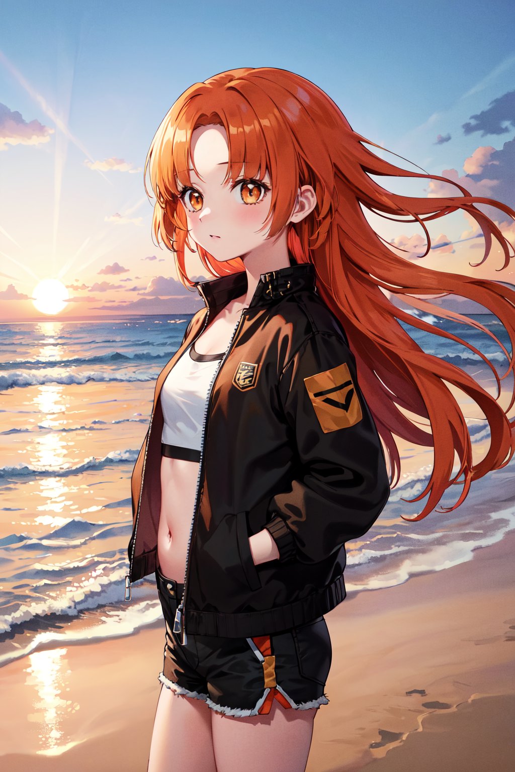 masterpiece, best quality, highres, 1girl, solo, long hair, orange hair, parted bangs, brown eyes, <lora:seira_v1:0.7>, black jacket, cropped jacket, shorts, midriff, hands in pockets, standing, looking at another, beach, from side, sunset