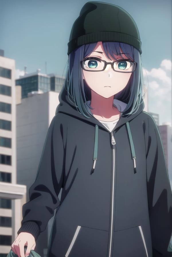 akanekurokawa, <lora:akane kurokawa s1-lora-nochekaiser:1>,akane kurokawa, bangs, (green eyes:1.3), blue hair, medium hair, dark blue hair,BREAK long sleeves, hat, jacket, glasses, hood, black jacket, black headwear, hoodie, hood down, red-framed eyewear, beanie,BREAK outdoors, city, sun, sky, clouds,BREAK looking at viewer, (cowboy shot:1.5),BREAK <lyco:GoodHands-beta2:1>, (masterpiece:1.2), best quality, high resolution, unity 8k wallpaper, (illustration:0.8), (beautiful detailed eyes:1.6), extremely detailed face, perfect lighting, extremely detailed CG, (perfect hands, perfect anatomy),