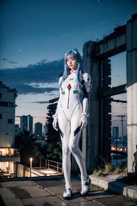 best quality, masterpiece, photorealistic, 1girl, solo, looking at viewer, bangs, full body, closed mouth, expressionless, standing, ayanami_cosplay_costume, plugsuit, blue hair, ayanami rei, pilot suit, cosplay, long hair, interface headset, hairpods, gloves, bracer, skin tight, ( ruins:1.4), night, neon light, cyberpunk, science fiction, future city, detailed background, <lora:ayanami_cosplay_costume_v2:0.65>