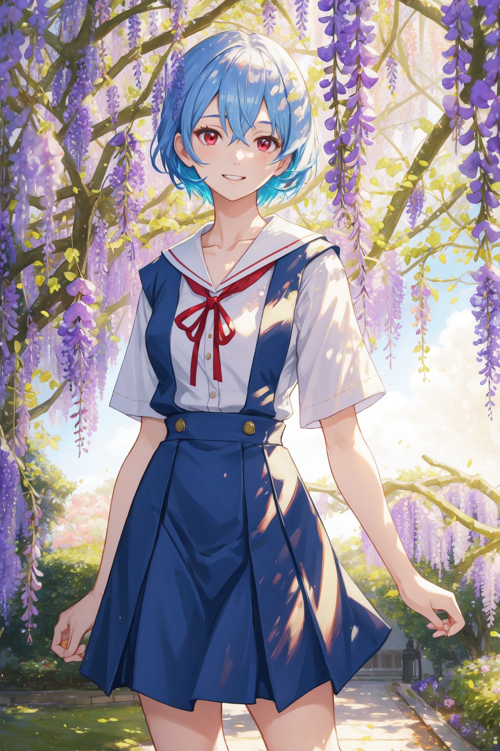 <lora:Rei-000011:0.6>,Rei CYQL,1girl,looking at viewer,solo,blue hair,red eyes,hair between eyes,medium breasts,Rei School,short hair,tokyo-3 middle school uniform,collarbone,white shirt,short sleeves,red ribbon,white sailor collar,blue skirt,suspender skirt,black socks,white shoes,grin,portrait,Wisteria vines,Garden party,Outdoor dining,Floral canopy,Summer celebration,English charm,(Maple trees, Acorns, Mushrooms, Fallen leaves, Golden sunlight, Rustling breeze:0.5),beautiful detailed sky,beautiful detailed glow,posing in front of a colorful and dynamic background,masterpiece,best quality,beautiful and aesthetic,contrapposto,female focus,wallpaper,