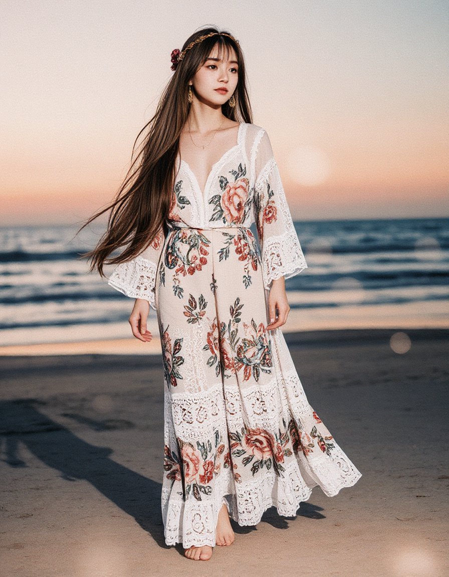 best quality, masterpiece, playful theme,raw photo of a girl in floral long lace dress which often for ornate details and floral symbols, flowing long brown hair cascading over her shoulders,catwalk in the beach, bare feet, show legs, ocean background, sunset light, middle distance shot taken by long range lens, high key light, hard shadow, soft bokeh, professional photography, balanced contract, balanced exposure, bohoaigirl<lora:hinaFluxBohoGirlMix-schnell_v1:0.9>