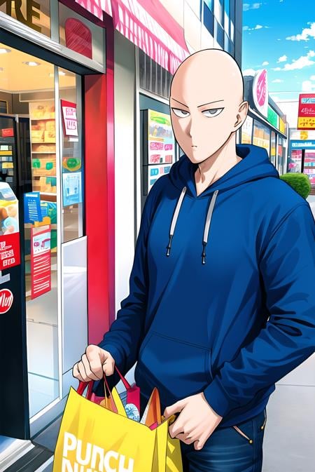 murata yuusuke, saitama \(one-punch man\),  one-punch man, 1boy, bald, casual clothes, shopping bag , white shirt, blue hoodie, outdoors,<lora:murata_yuusuke:0.6>