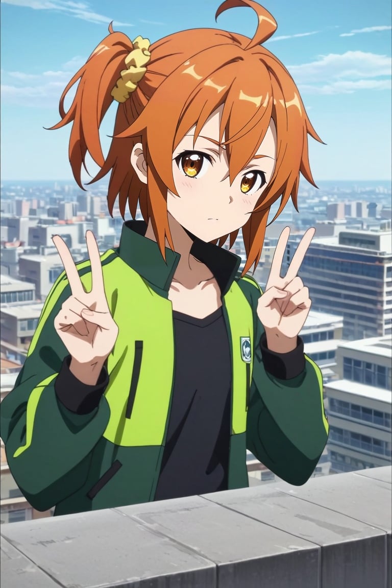 score_9, score_8_up, score_7_up, source_anime, rating_safe, anime screencap, , looking at viewer, , 1girl, fujimaru ritsuka \(female\), orange hair, yellow eyes, ahoge, hair scrunchie, one side up, solo, asymmetrical, rooftop, tokyo \(city\), building, skyscraper, indoors, dark, v, peace sign, relaxed, <lora:sao_style_pony:1>, sao_style, , <lora:sdxl_lightning_8step_lora:1>