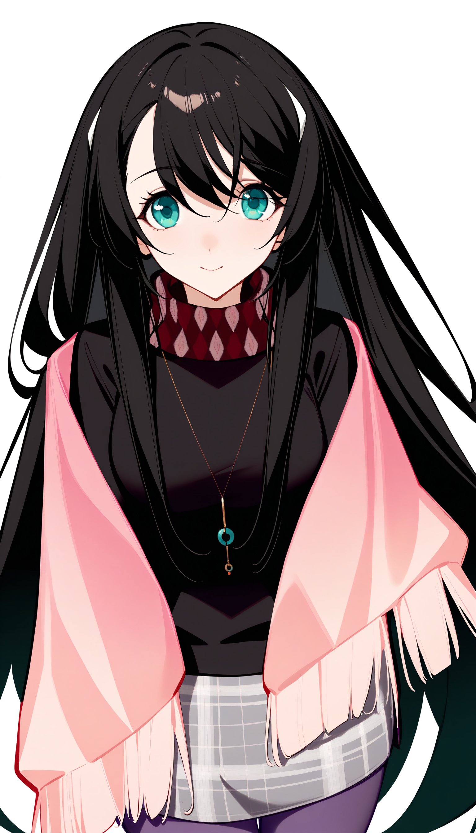 1girl,inori,mo8,ask \(askzy\),hairclip,black sweater,necklace,pink shawl,white background,simple background,upper body,solo,very long black hair,purple pantyhose,masterpiece,best quality,newest,absurdres,safe,<lora:Fixhands_anime_bdsqlsz_V1:1>,<lora:inori8:1>,