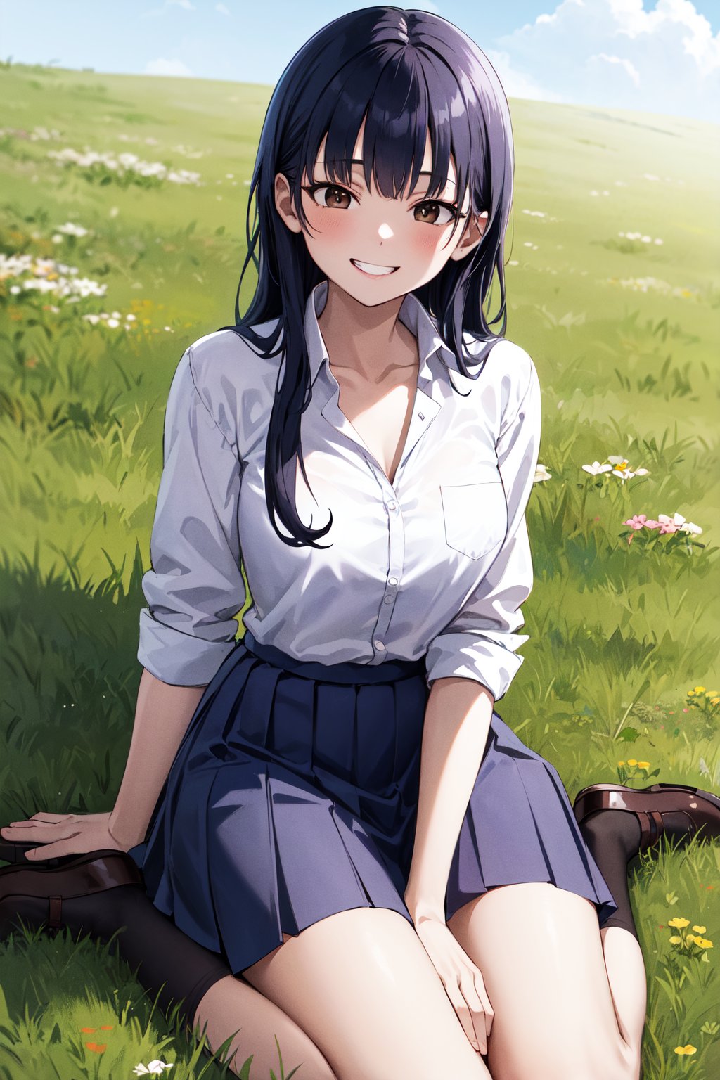 masterpiece, best quality, highres, aaanna, long hair, brown eyes, collarbone, collared shirt, white shirt, sleeves rolled up, pleated skirt, blue skirt, miniskirt, <lora:yamada_anna_v1:0.7>, wariza, grass, grin, smile,