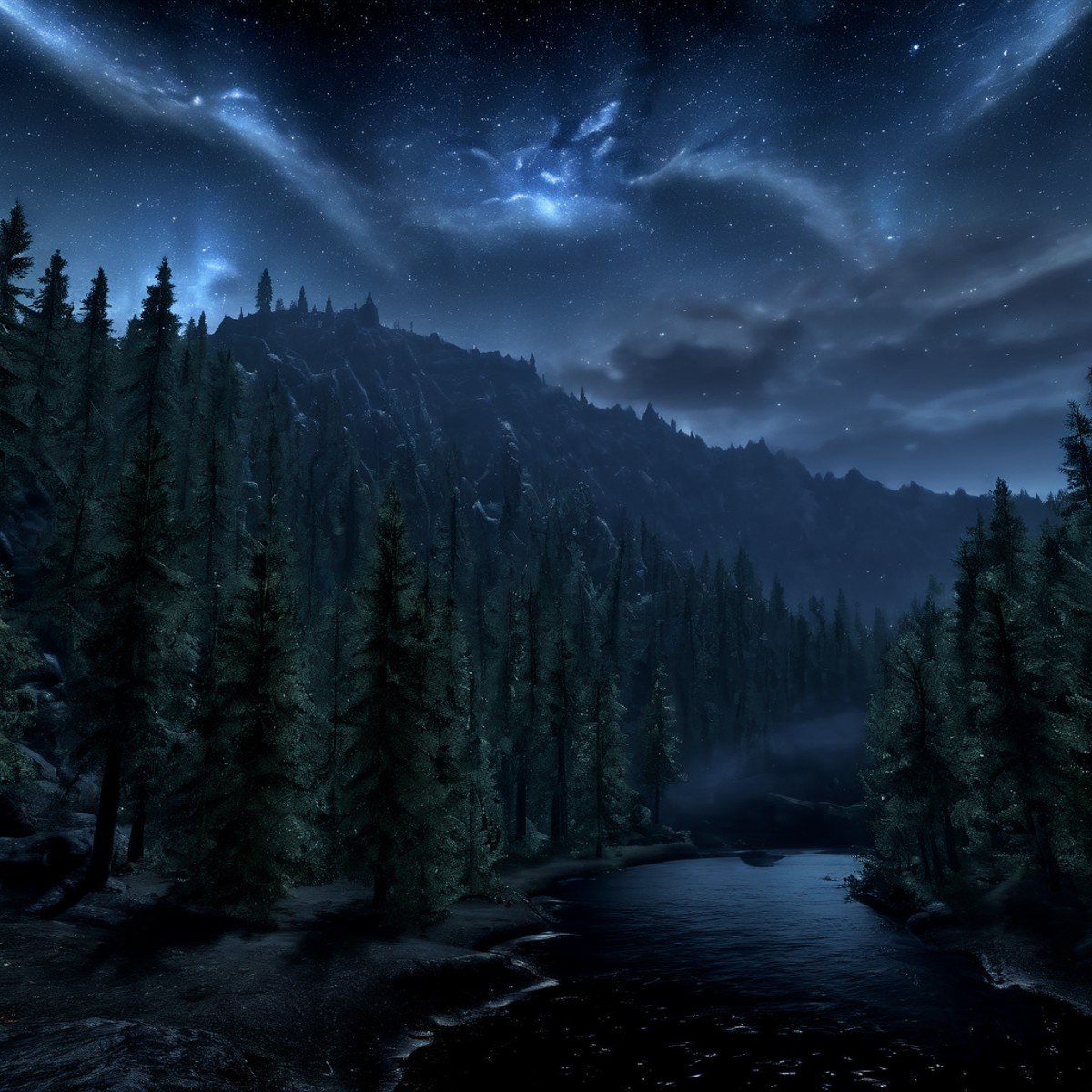 Masterpiece,absurd resolution,8k,high resolution, <lora:SkyrimLandscapes:0.8>,skyrimlandscapes, sky, night, scenery, star (sky), tree, night sky, starry sky, outdoors, forest, nature, cloud, no humans