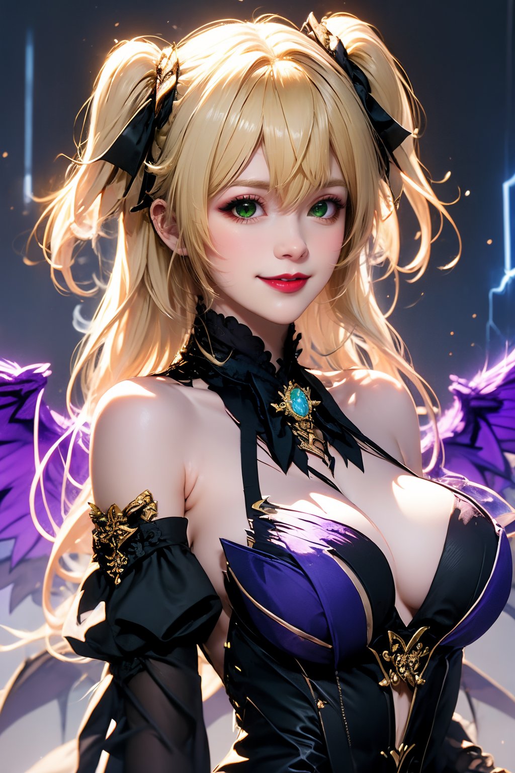 1girl, solo, breasts, green eyes, blonde hair, fischl \(genshin impact\), looking at viewer, long hair, two side up, red lips, bare shoulders, bow, upper body, hair between eyes, wings, lips, ribbon, medium breasts, bowtie, dress, purple bow, hair ribbon, detached sleeves, black dress, smile, purple bowtie, hair ornament, lipstick, makeup, tattoo, parted lips, torn clothes, large breasts, black ribbon, realistic, closed mouth, lightning, sleeveless, nose, gem, feathered wings, cleavage