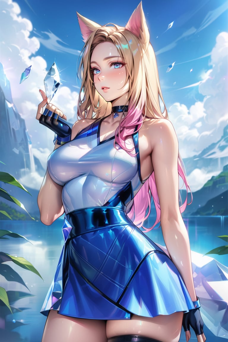 (Masterpiece), mature, HDR,UHD,8K, best quality, Highly detailed, physically-based rendering, extreme detail description, perfect skin, shiny skin, shiny hair,perfect face, 1girl, AllOut, ((asymmetrical_clothing)), blonde hair, blue eyes, pink hair, long sleeve, glove, fingerless glove, thighstrap, multicolored hair, mini skirt, thighs, facial mark, animal ears, tail, crytal, choker,Ahri, blue skirt, white top, K/DA Ahri, bare_shoulder, bare arm, ,LeagueOfLegendsAhri, long hair,ahri<lora:EMS-335737-EMS:0.600000>, <lora:EMS-388761-EMS:0.100000>, <lora:EMS-418655-EMS:0.800000>