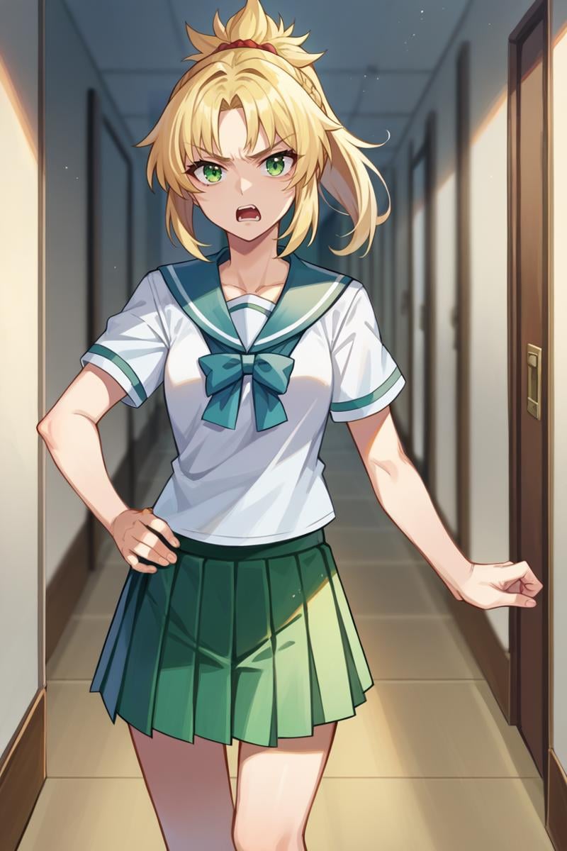 score_9, score_8_up, score_7_up, score_6_up, source_anime, BREAK 1girl, solo, <lora:mordred-pdxl-nvwls-v1-000005:1> casualMord, blonde hair, green eyes, ponytail, white shirt, short sleeves, sailor collar, pleated skirt, green skirt, annoyed, open mouth, hand on hip, looking at you, hallway