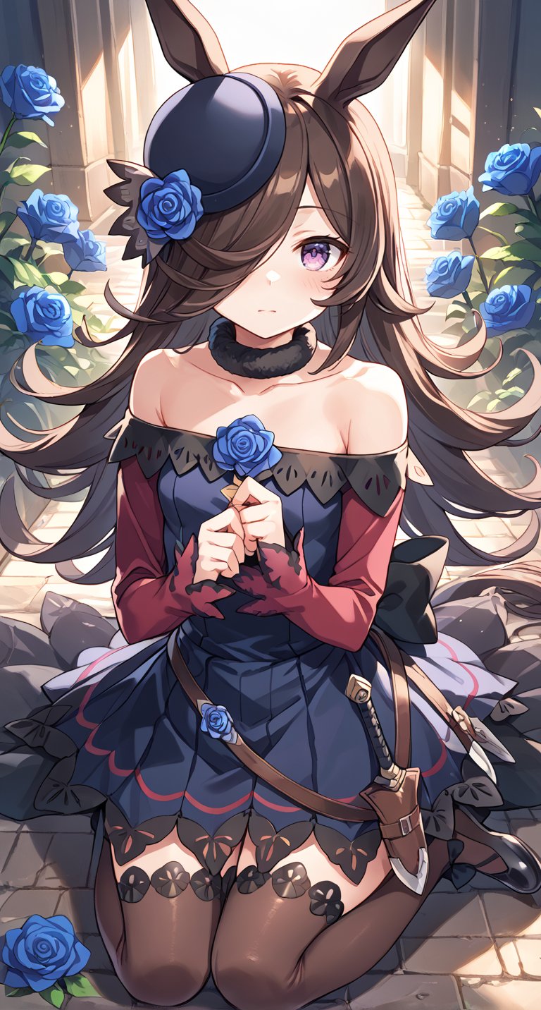 score_9,score_8_up,score_7_up,official art,official style,game cg,megami magazine,1girl,rcs race,rice shower (umamusume),animal ears,back bow,bangs,bare shoulders,belt,black bow,blue dress,blue flower,blue rose,blush,brown hair,black legwear,brown thighhighs,collarbone,dagger,dress,dress bow,eyebrows visible through hair,flipped hair,flower,fur choker,fur collar,hair flower,hair ornament,hair over one eye,hat,hat flower,horse ears,horse girl,horse tail,knife,long hair,long sleeves,off shoulder,off-shoulder dress,one eye covered,purple dress,purple eyes,purple headwear,rose,sheath,sheathed,shoes,short dress,sleeves past wrists,tail,thigh-highs,thighhighs,tilted headwear,very long hair,violet eyes,weapon,standing,full body,<lora:umamusume_rice_shower_pony_v1:1>,