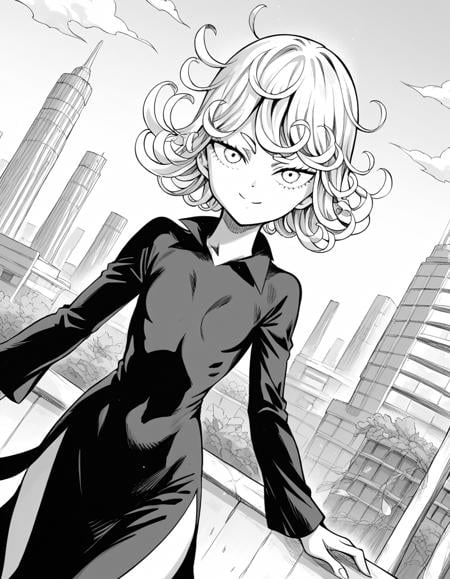 score_9, score_8_up, score_7_up, source_anime,tatsumaki, <lora:opm-tatsumaki-manga-ponyxl-lora-nochekaiser:1>,tatsumaki, short hair, curly hair, monochrome, greyscale,long sleeves, dress,outdoors, cityscape, smile,looking at viewer, cowboy shot, solo, dutch angle,